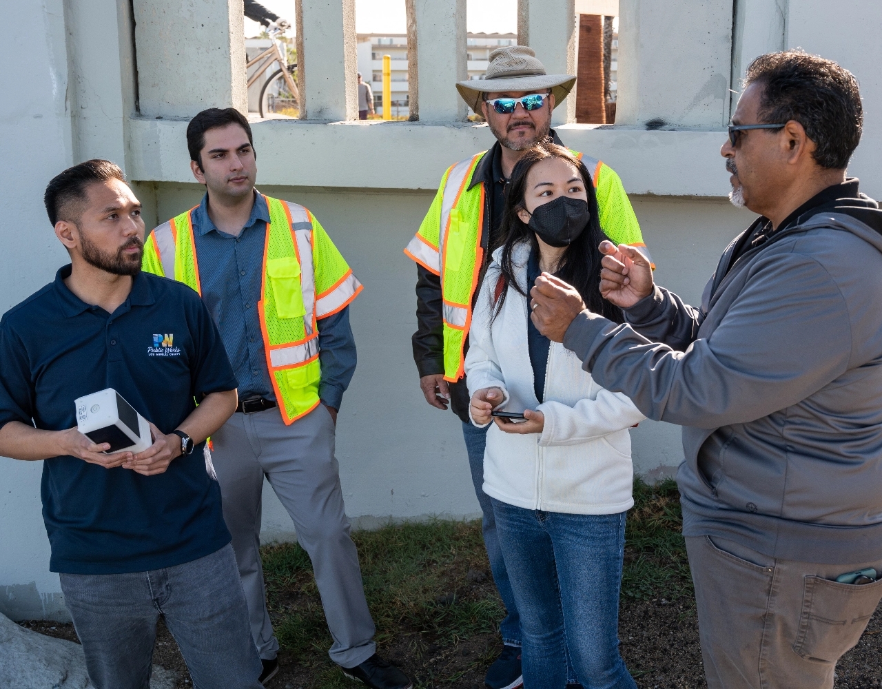 Community members and Public Works staff meet at Ballona Creek